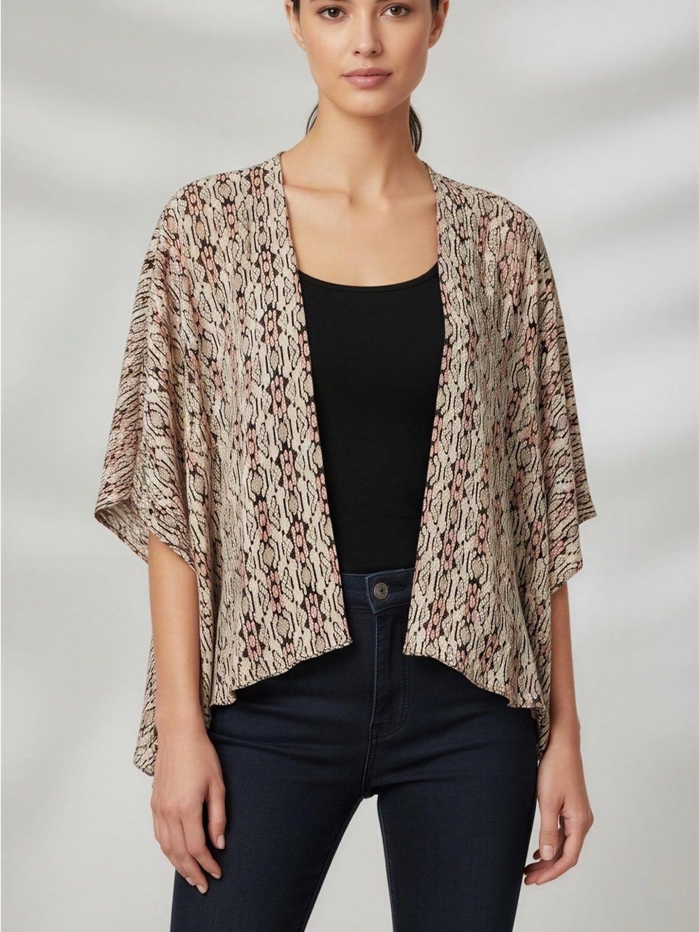 Brandy Melville Beige & Blush Snake-Print Open Cardigan